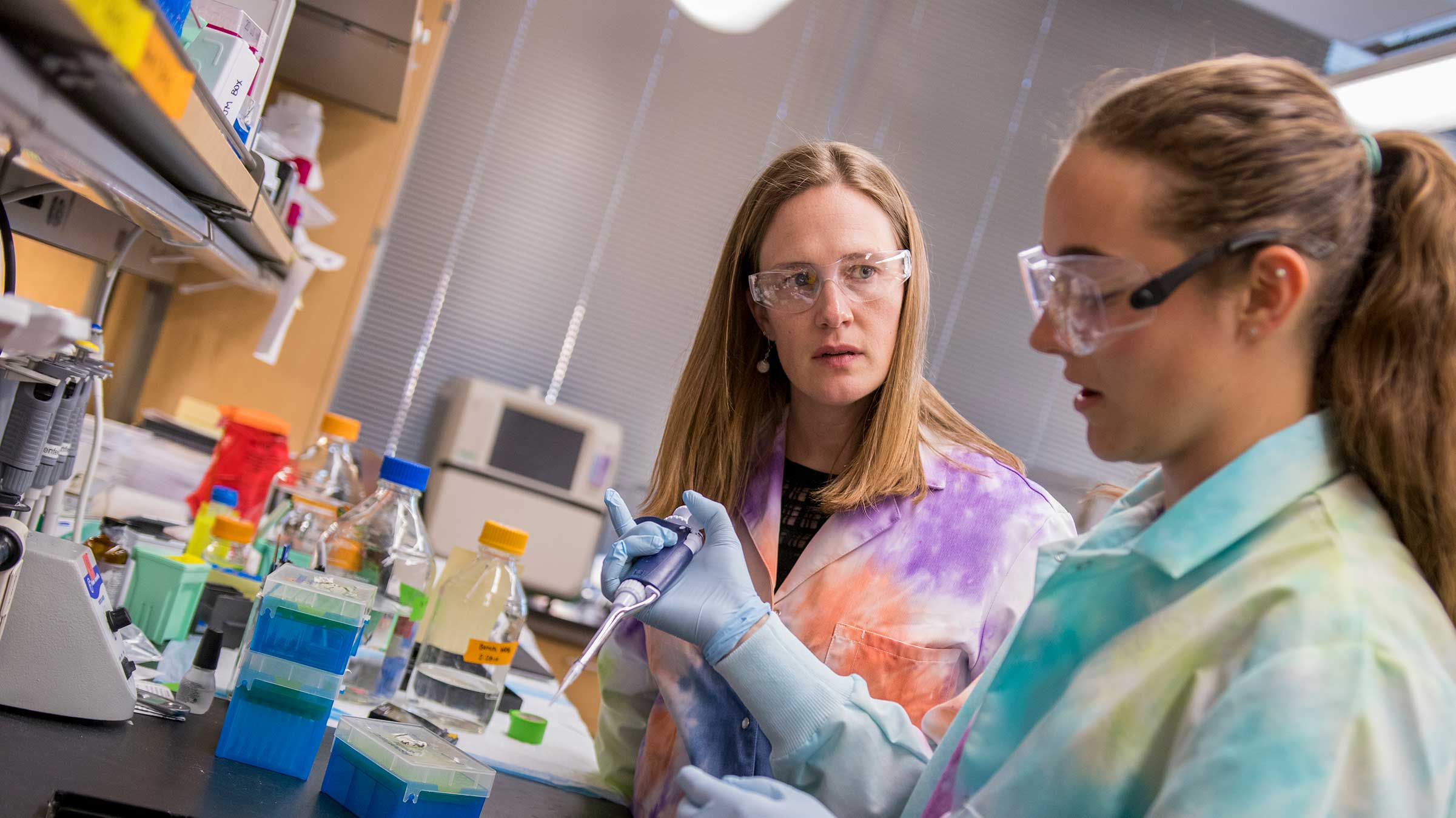 Dr. Stabenfeldt works with a student in her lab